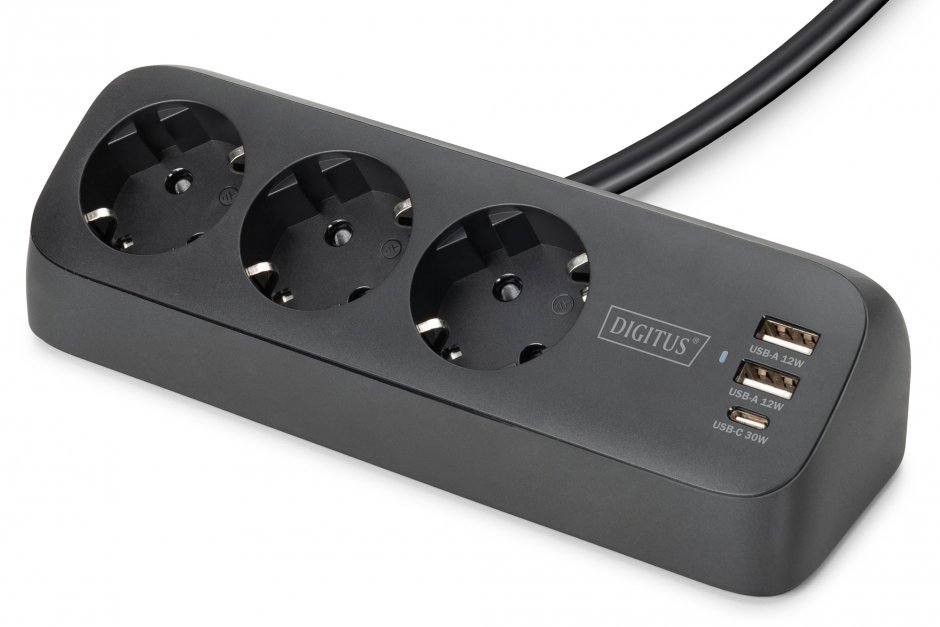 Imagine Prelungitor cu 3 x Schuko + 2 x USB-A + 1 x USB-C cu montare birou Negru 1.5m, Digitus DA-70625