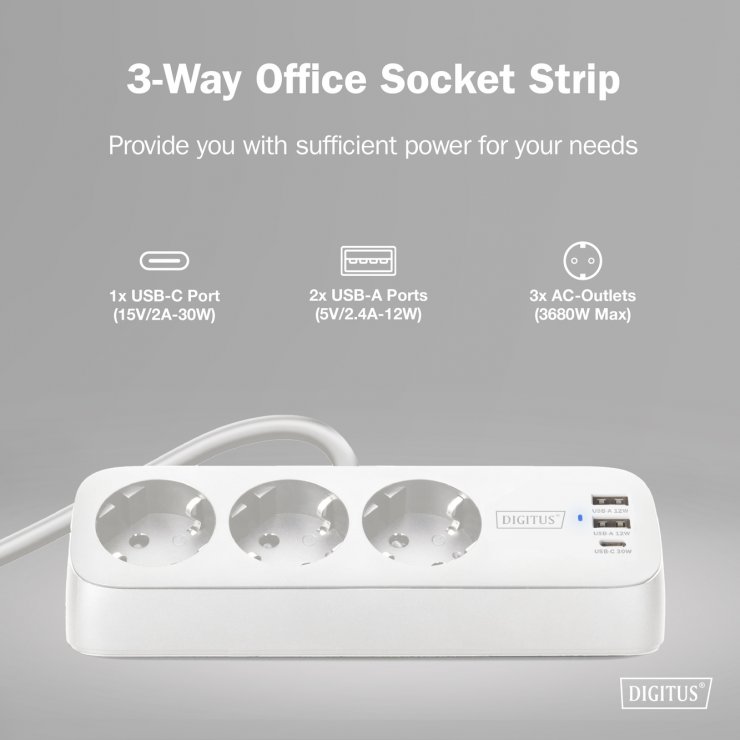 Imagine Prelungitor cu 3 x Schuko + 2 x USB-A + 1 x USB-C cu montare birou Alb 1.5m, Digitus DA-70626