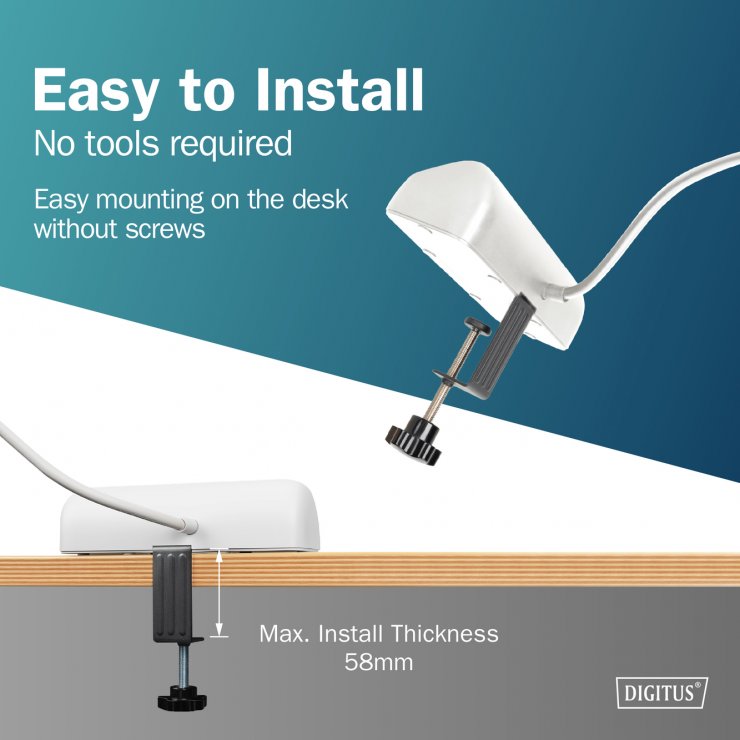 Imagine Prelungitor cu 3 x Schuko + 2 x USB-A + 1 x USB-C cu montare birou Alb 1.5m, Digitus DA-70626