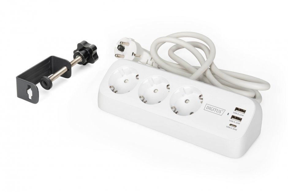 Imagine Prelungitor cu 3 x Schuko + 2 x USB-A + 1 x USB-C cu montare birou Alb 1.5m, Digitus DA-70626