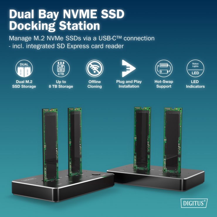 Imagine Docking station USB Type C pentru 2 x M.2 NVMe SSD , Digitus DA-71545-1