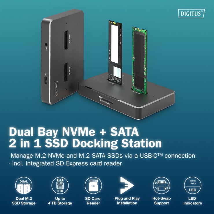 Imagine Docking station USB Type C pentru 2 x M.2 NVMe/SATA SSD + cititor carduri SD Express, Digitus DA-71546-1