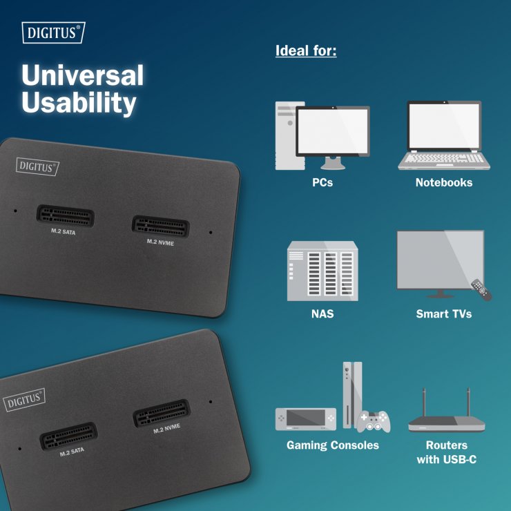 Imagine Docking station USB Type C pentru 2 x M.2 NVMe/SATA SSD + cititor carduri SD Express, Digitus DA-71546-1