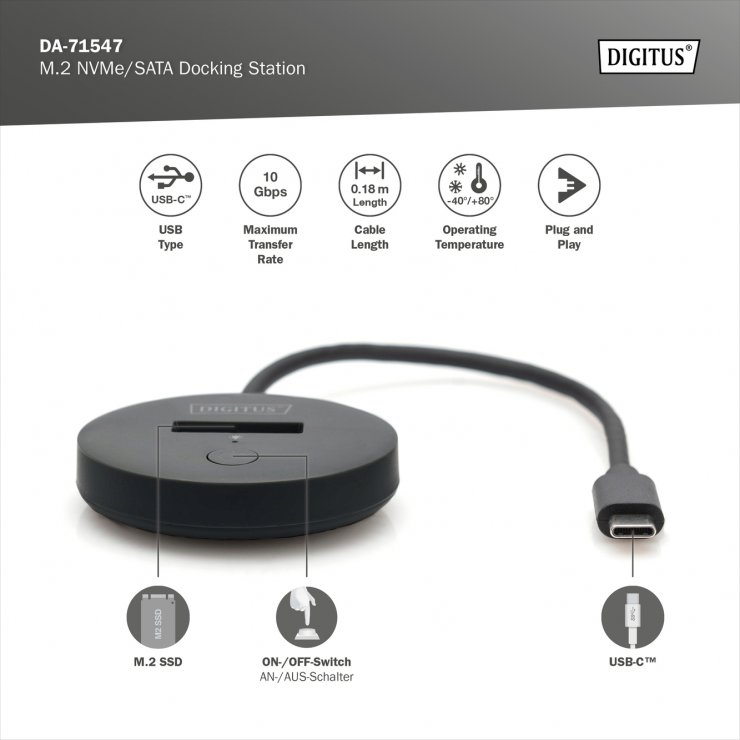 Imagine Docking station USB type C la M.2 NVMe/SATA SSD, Digitus DA-71547