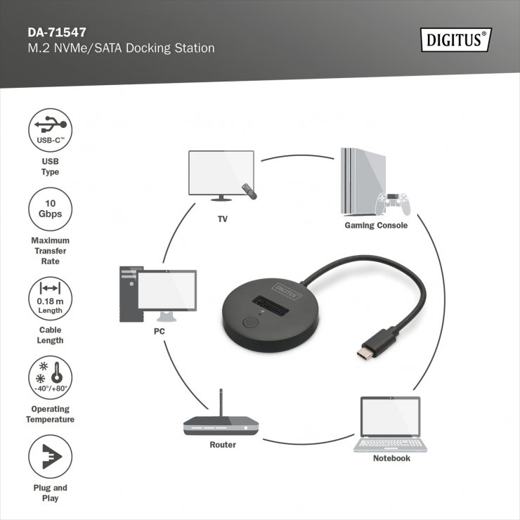 Imagine Docking station USB type C la M.2 NVMe/SATA SSD, Digitus DA-71547