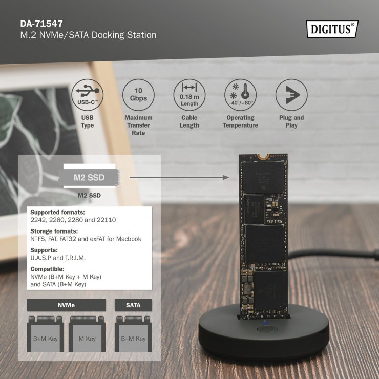 Imagine Docking station USB type C la M.2 NVMe/SATA SSD, Digitus DA-71547