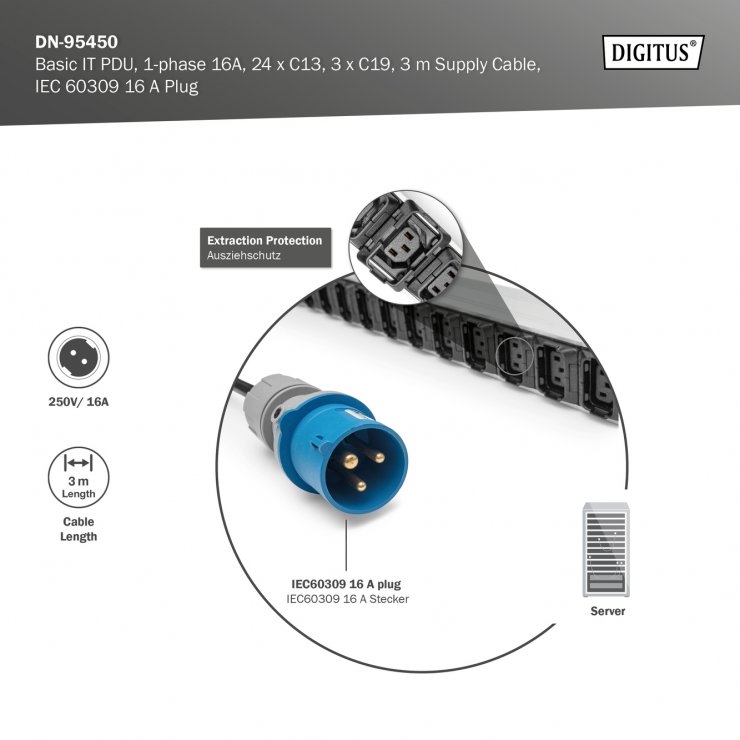 Imagine Prelungitor PDU IEC 60309 16A la 24 x C13 + 3 x C19 3m, Digitus DN-95450