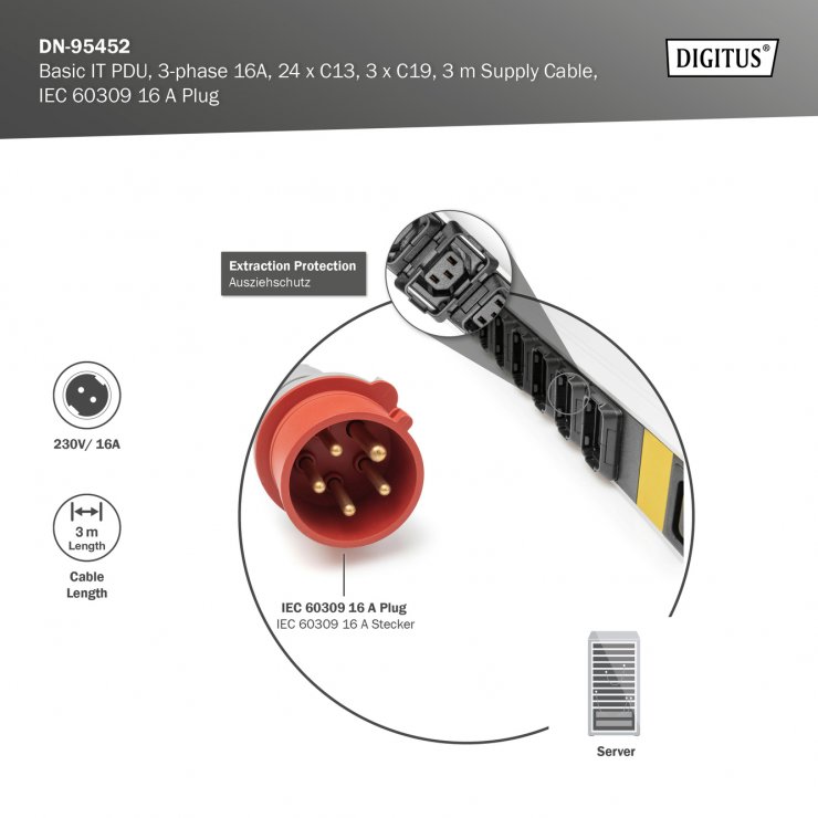 Imagine Prelungitor PDU IEC 60309 16A la 24 x C13 + 3 x C19 3m, Digitus DN-95452