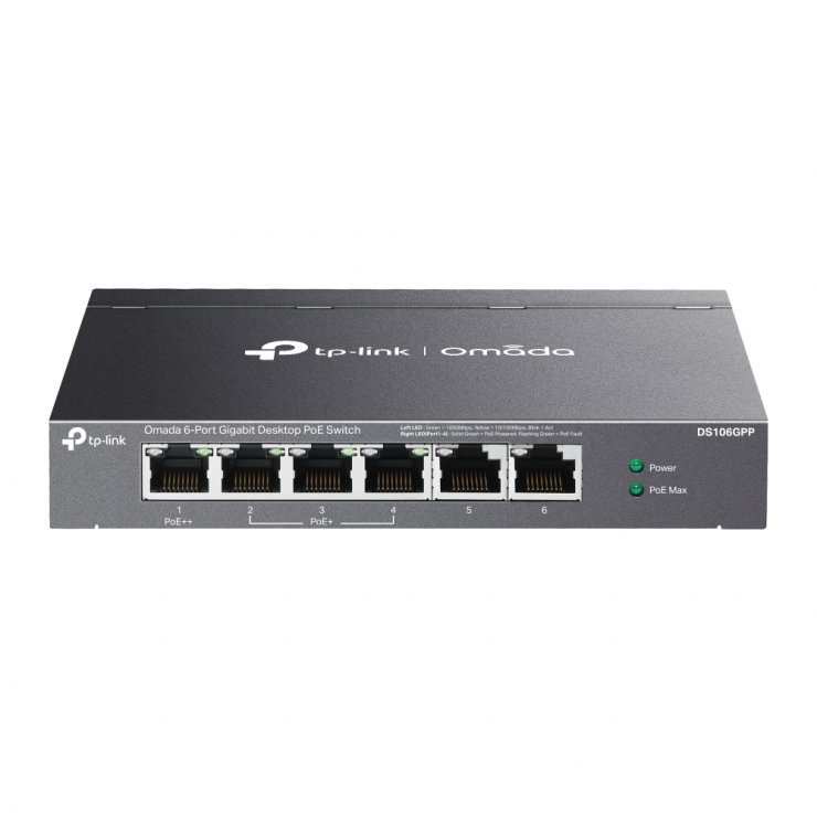 Imagine Switch 6 porturi Gigabit Unmanaged (din care 3 x PoE+/1 x PoE++), TP-LINK DS106GPP