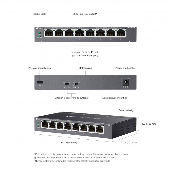 Imagine Switch 8 porturi Gigabit Unmanaged Omada (din care 8 x PoE+), TP-LINK DS108GP