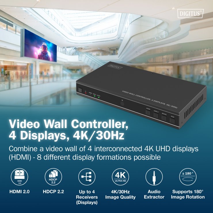 Imagine Video Wall Controller HDMI 4 monitoare 4K30Hz, Digitus DS-55358