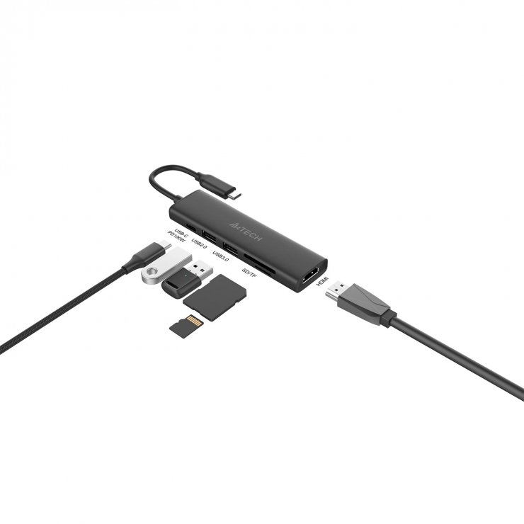 Imagine Docking station USB type C la HDMI 4K60Hz + 2 x USB-A + 1 x USB type C + Slot SD PD 100W, A4TECH DST-60C-GR