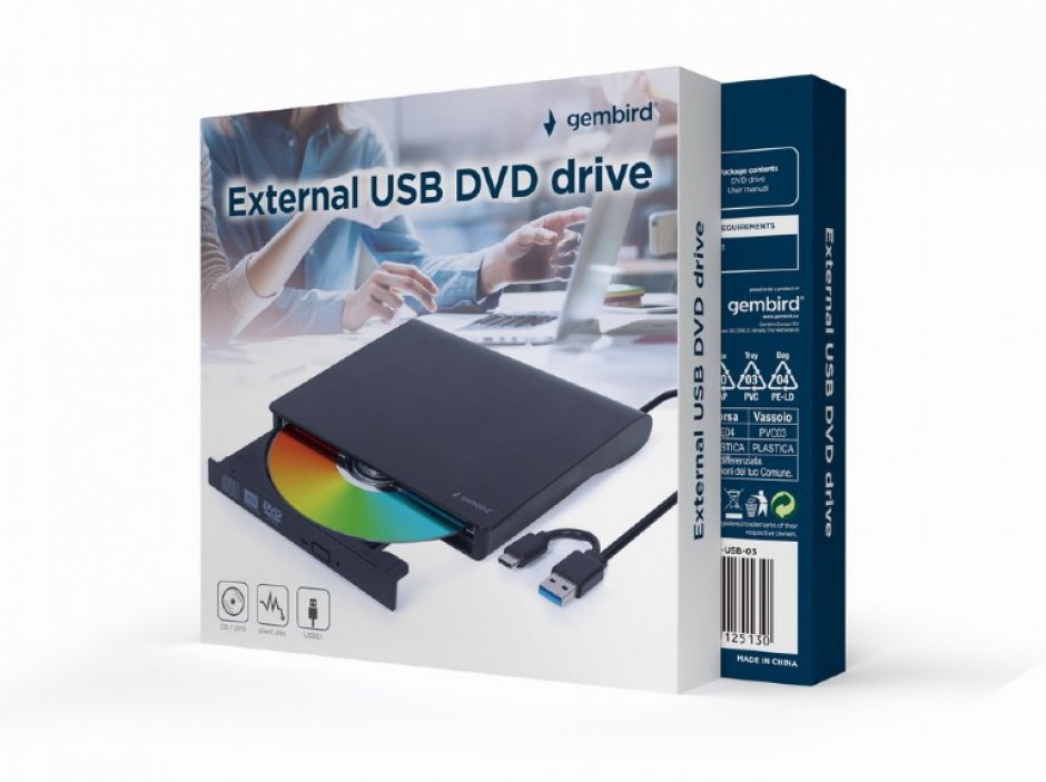 Imagine DVD-RW extern USB type C / USB-A Negru, Gembird DVD-USB-03