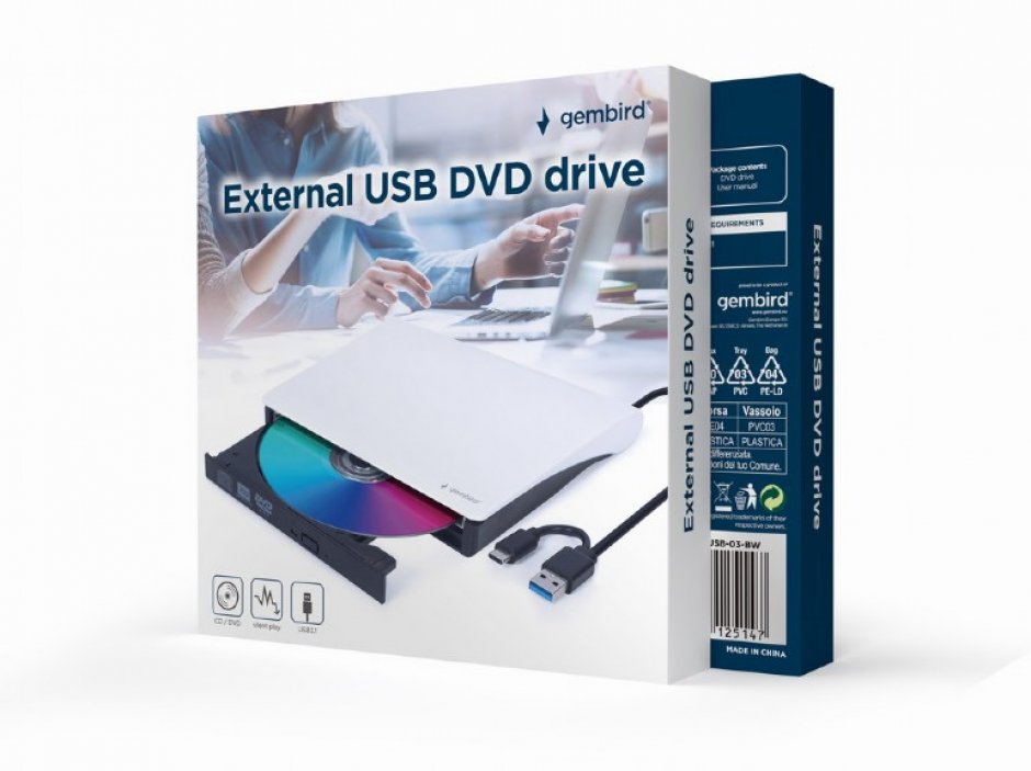 Imagine DVD-RW extern USB type C / USB-A Alb/Negru, Gembird DVD-USB-03-BW
