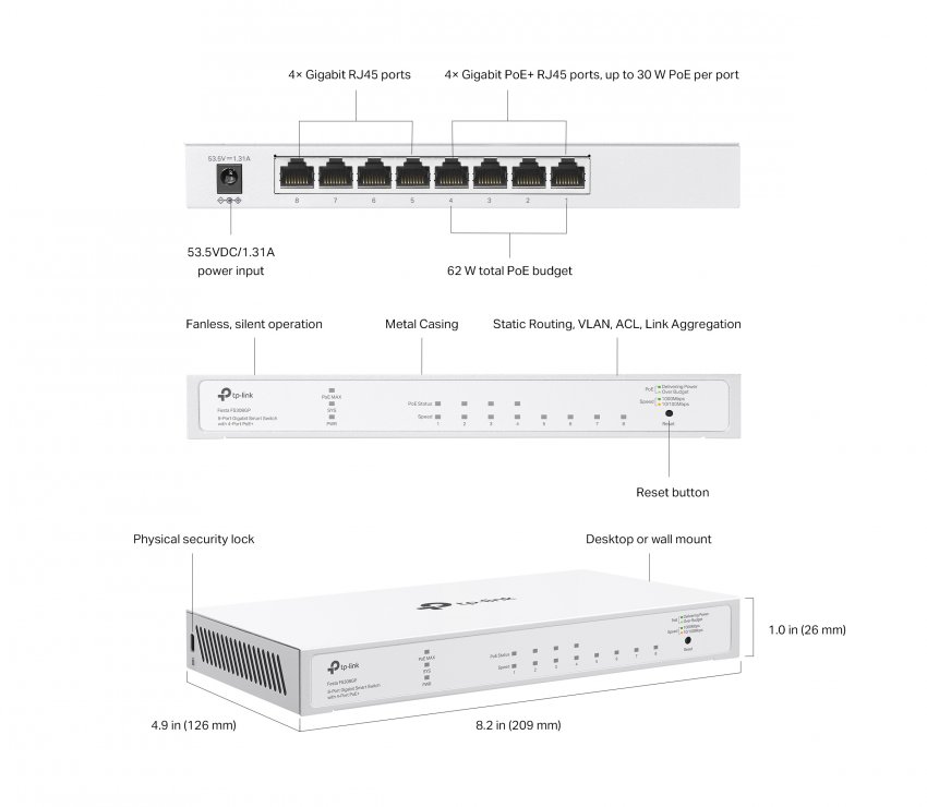 Imagine Switch Gigabit Smart 8 porturi (4 x PoE+), TP-LINK FESTA FS308GP