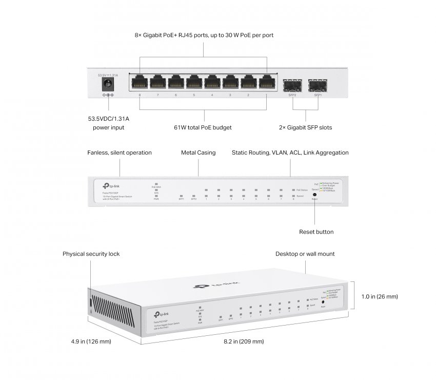 Imagine Switch Gigabit Smart 10 porturi (2 x SFP + 8 x PoE+), TP-LINK FESTA FS310GP