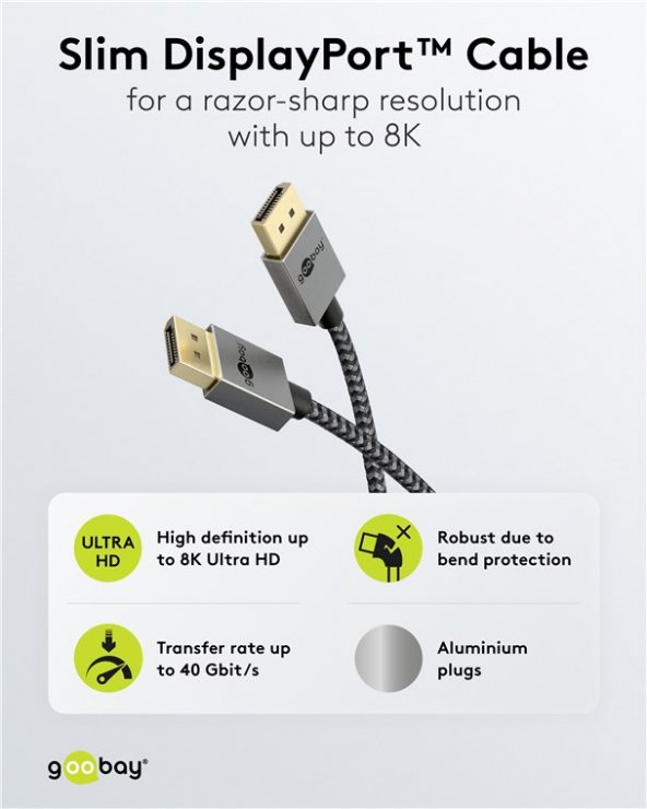 Imagine Cablu Displayport 8K120Hz/4K240Hz 2m brodat Alb/Negru, Goobay G77445