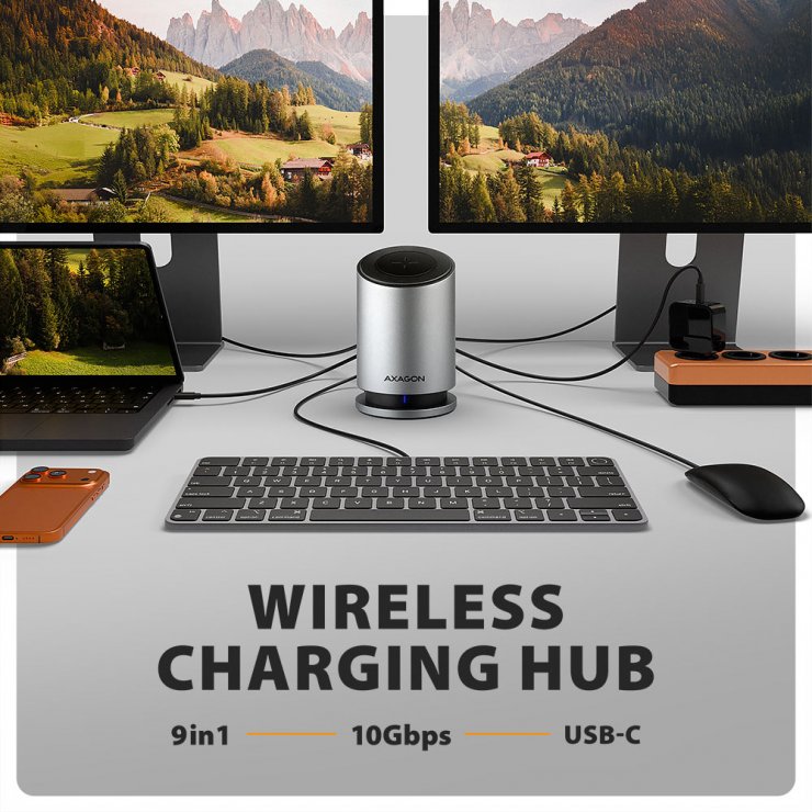 Imagine Docking station USB type C la HDMI/DP 4K60Hz + 3 x USB-A 100W + Gigabit LAN + wireless charging , Axagon HMC-WL9