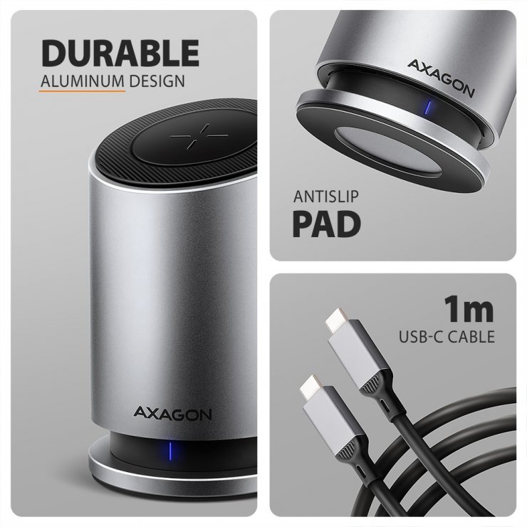 Imagine Docking station USB type C la HDMI/DP 4K60Hz + 3 x USB-A 100W + Gigabit LAN + wireless charging , Axagon HMC-WL9