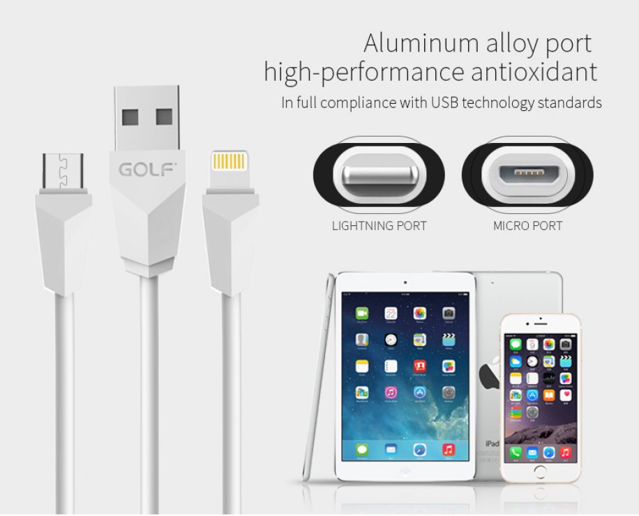 Imagine Cablu USB-A 2.0 la micro USB + iPhone Lightning T-T 1m Alb, GC-27W*