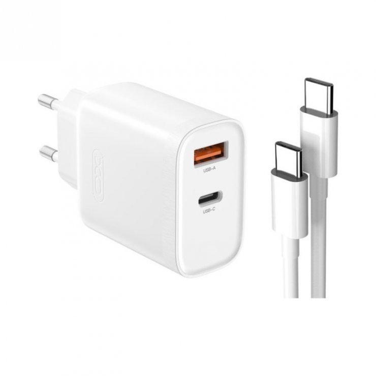 Imagine Incarcator priza USB type C + USB-A 5A/30W + cablu USB type C Alb, XO L116