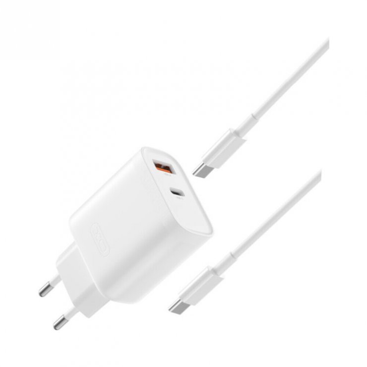 Imagine Incarcator priza USB type C + USB-A 5A/30W + cablu USB type C Alb, XO L116