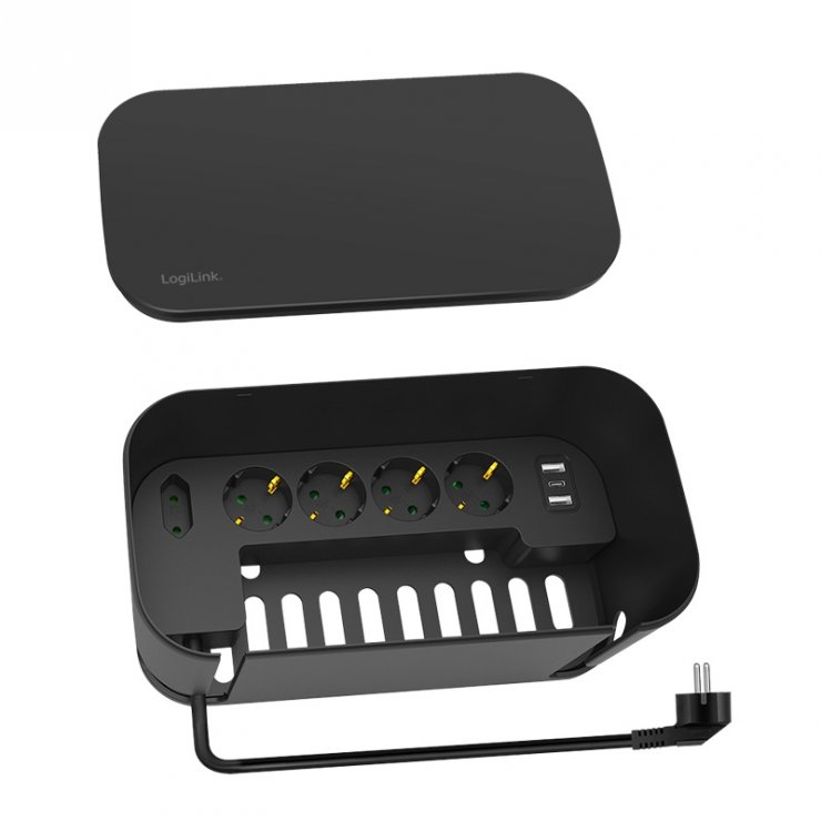 Imagine Cutie depozitare cu prelungitor 4 x Schuko + 1 x Euro + 2 x USB-A + 1 x USB-C Negru, Logilink LPS282U