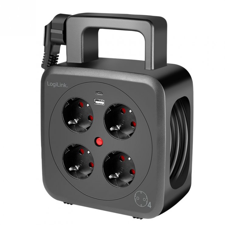 Imagine Prelungitor/tambur cu 4 x Schuko + 1 x USB-A + 1 x USB-C 5m Negru, Logilink LPS504