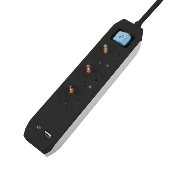 Imagine Prelungitor cu 3 x Schuko + 1 x USB type C + 1 x USB-A 1.8m Negru, Spacer PP-3-18B-TC-USB