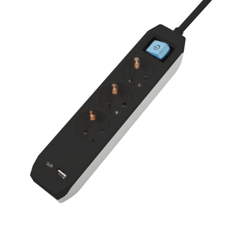 Imagine Prelungitor cu 3 x Schuko + 1 x USB type C + 1 x USB-A 3m Negru, Spacer PP-3-30B-TC-USB