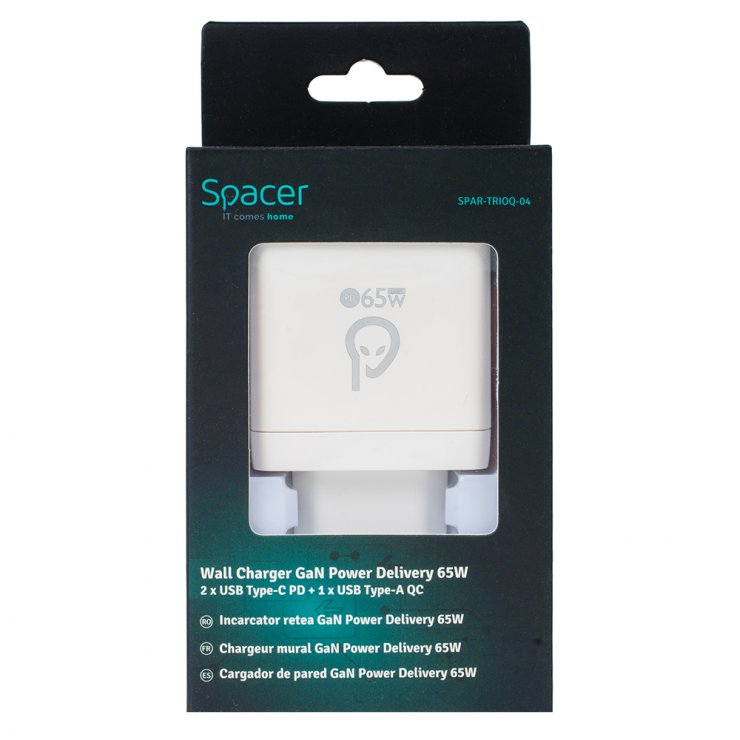 Imagine Incarcator priza 1 x USB-A + 2 x USB type C 65W Alb, Spacer SPAR-TRIOQ-04