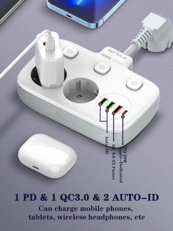 Imagine Prelungitor cu 2 x Schuko + 3 x USB-A + 1 x USB-C, SRXP-PS24W