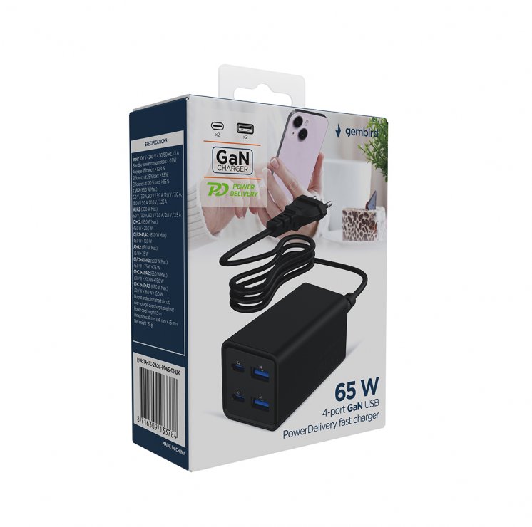 Imagine Incarcator priza Fast charger cu 2 x USB-A + 2 x USB-C 65W GaN, Gembird TA-UC-2A2C-PD65-01-BK