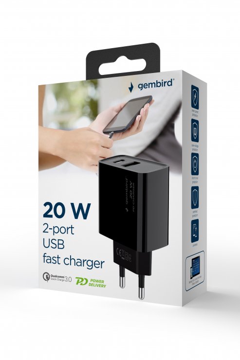 Imagine Incarcator priza USB-A + USB type C 20W Negru, Gembird TA-UC-PDQC20-01-BK