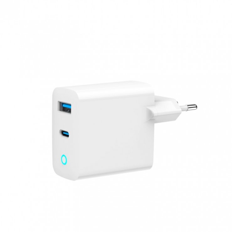 Imagine Incarcator priza USB-A + USB type C GaN 45W Alb, Gembird TA-UC-PDQC45L-W-01