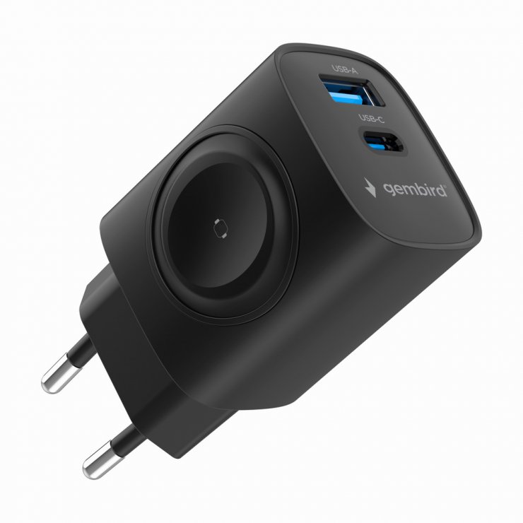 Imagine Incarcator priza USB-A + USB type C 22W + incarcare Apple Watch Negru, Gembird TA-UC-PDQCW20-01-BK