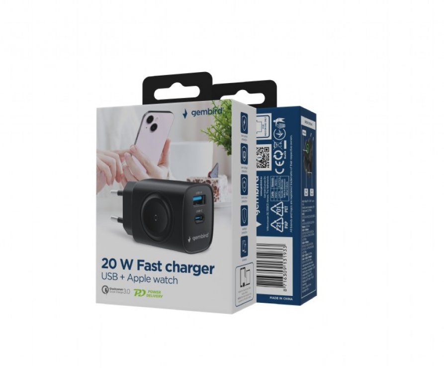 Imagine Incarcator priza USB-A + USB type C 22W + incarcare Apple Watch Negru, Gembird TA-UC-PDQCW20-01-BK