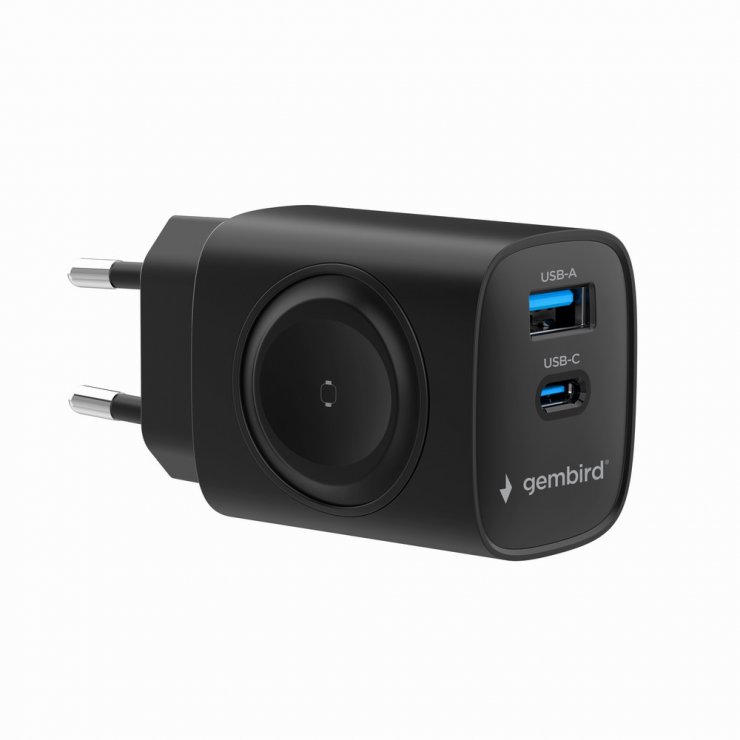 Imagine Incarcator priza USB-A + USB type C 22W + incarcare Apple Watch Negru, Gembird TA-UC-PDQCW20-01-BK