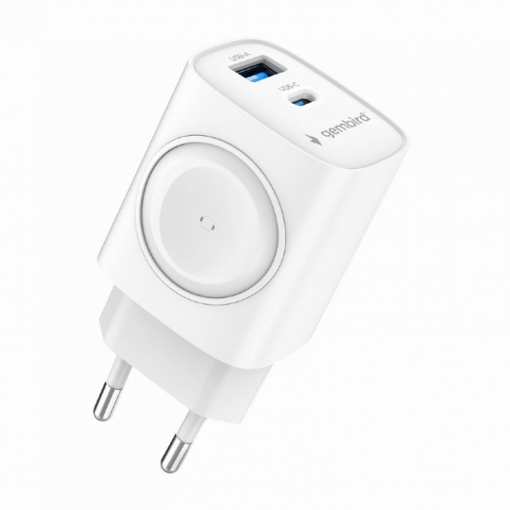 Imagine Incarcator priza USB-A + USB type C 20W + incarcare Apple Watch Alb, Gembird TA-UC-PDQCW20-01-W