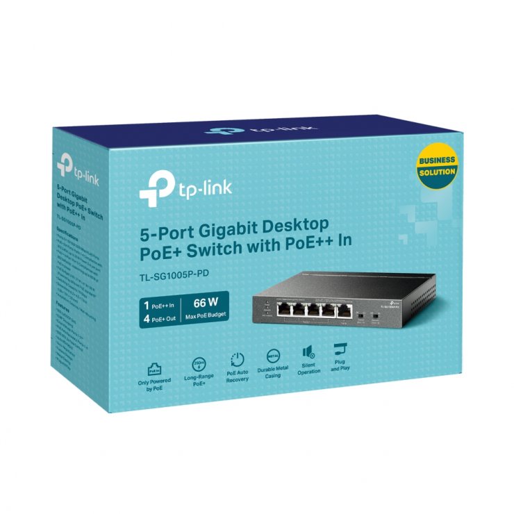 Imagine Switch 5 porturi Gigabit cu 1 x PoE++ In/4 x PoE+Out, TP-LINK TL-SG1005P-PD