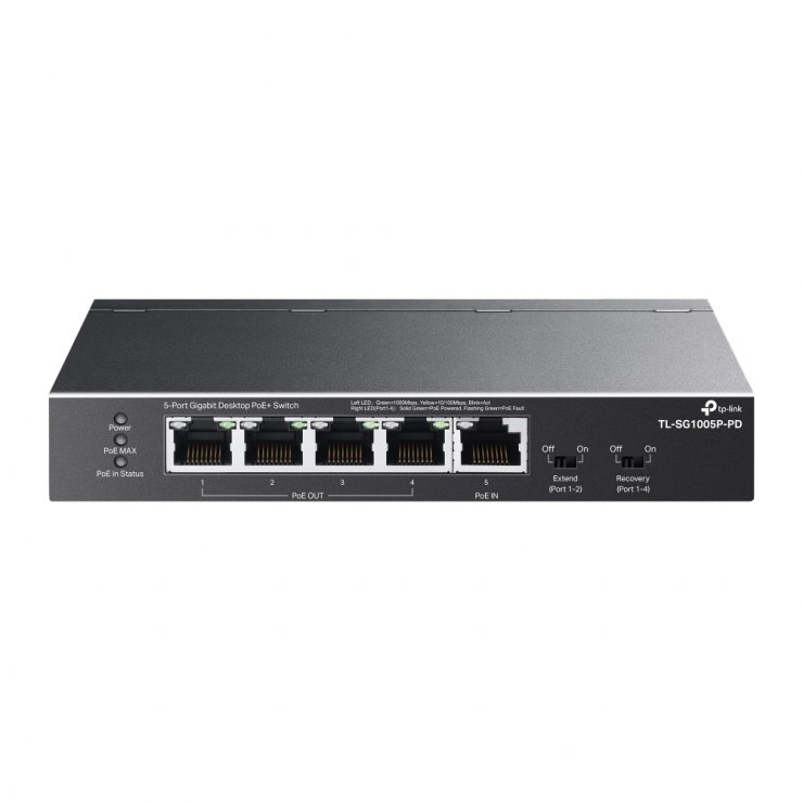 Imagine Switch 5 porturi Gigabit cu 1 x PoE++ In/4 x PoE+Out, TP-LINK TL-SG1005P-PD