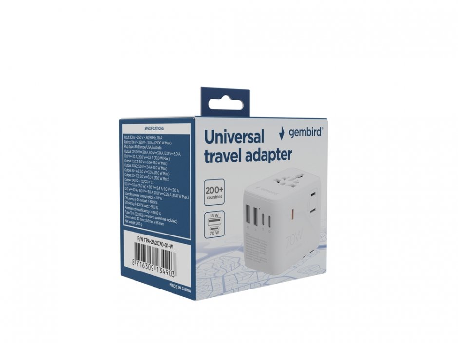 Imagine Incarcator priza universal US/UK/EU/AU cu 2 x USB-A + 3 x USB-C 70W, Gembird TPA-2A3C70-01-W