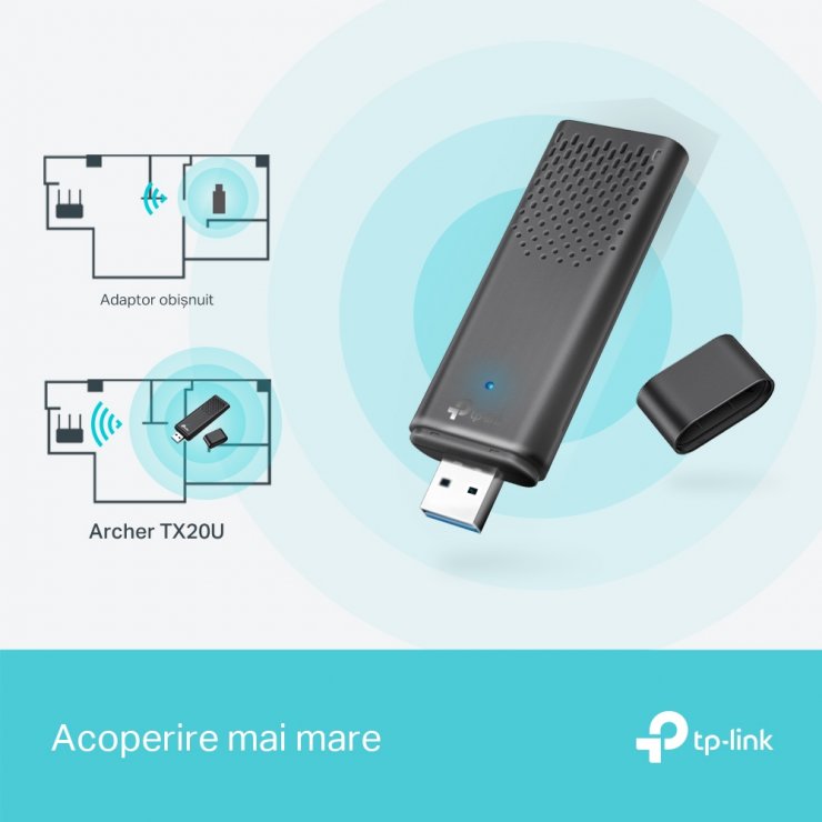 Imagine Adaptor USB wireless WiFi 6 AX1800 cu 2 antene, TP-LINK ARCHER TX20U