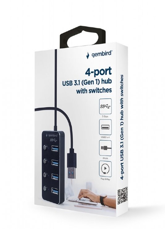 Imagine HUB USB 3.0 cu 4 porturi USB-A + switch ON/OFF, Gembird UHB-U3P4P-01