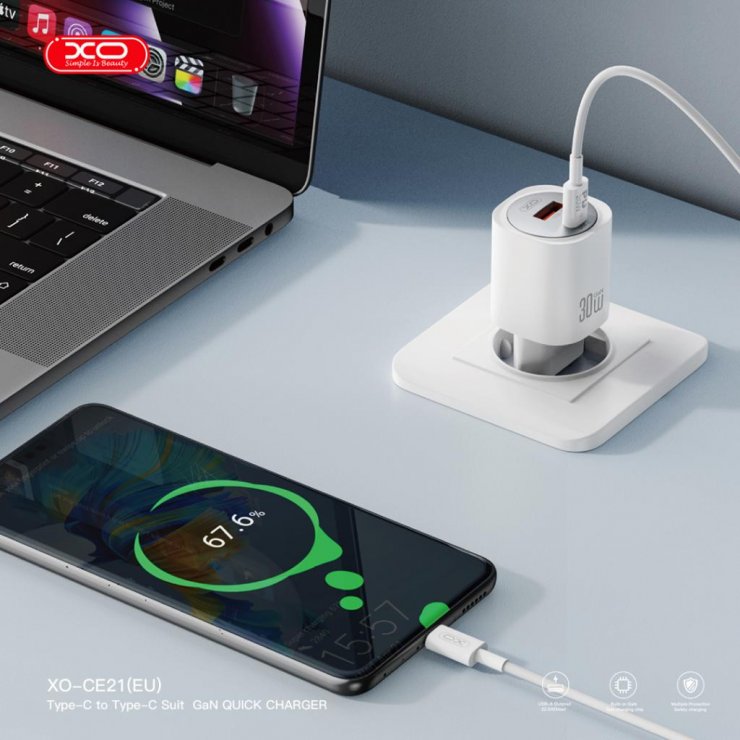 Imagine Incarcator priza USB-A + USB-C 30W + cablu USB C-C GaN Nitride Alb, XO CE21