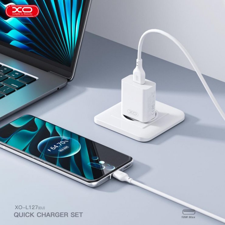 Imagine Incarcator priza USB-A 18W + Cablu USB A-C Alb, XO L127