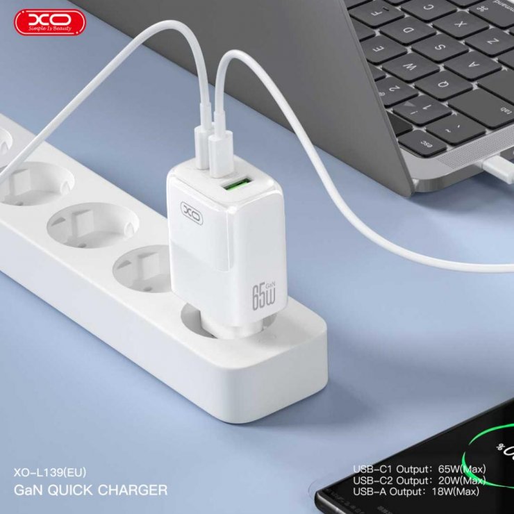 Imagine Incarcator priza USB-A + 2 x USB-C 65W + cablu USB C-C GaN Nitride Alb, XO L139