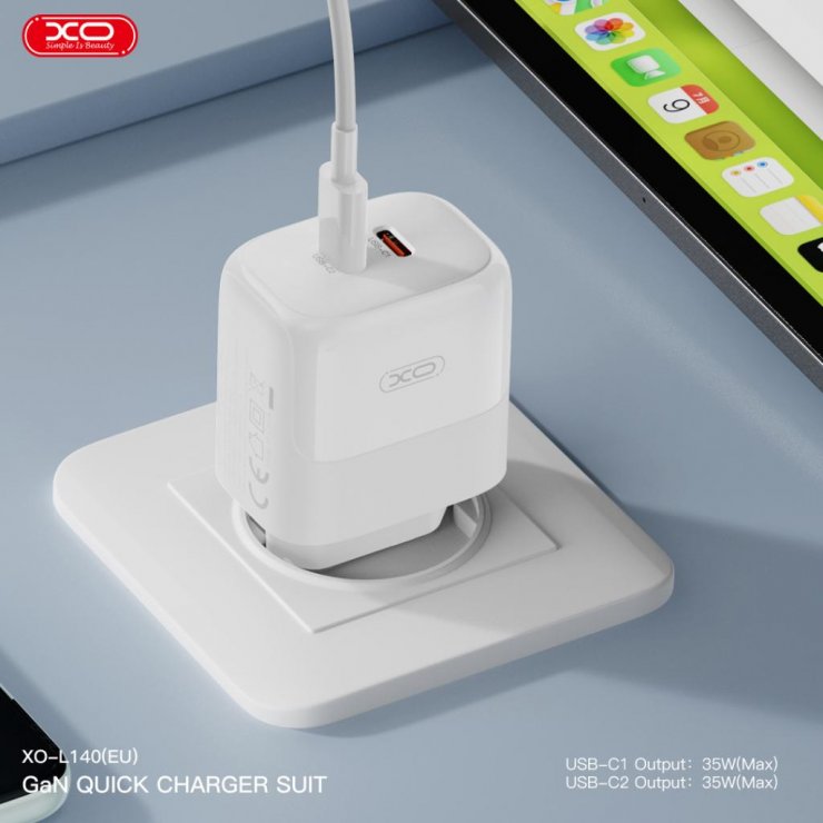 Imagine Incarcator priza 2 x USB-C 35W GaN Nitride + cablu USB type C Alb, XO L140