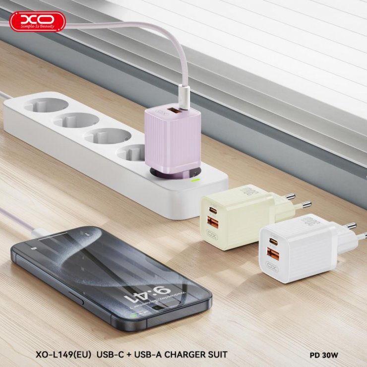 Imagine Incarcator priza 1 x USB-A + 1 x USB-C 30W + cablu USB type C Alb, XO L149