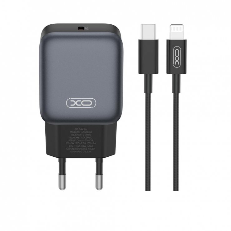 Imagine Incarcator priza USB-C 30W + cablu USB C-Lightning Negru, XO L155